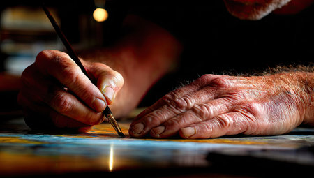 Close-up view depicts an artist's hand holding a paintbrush, actively painting on a canvas. The image showcases detailed textures, warm lighting, and a shallow depth of field. Suitable for art-related editorials or marketing materials. It could also be used in content about craftsmanship and creativity.の素材