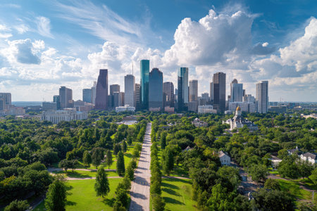 An aerial view showcases a city's skyline with towering skyscrapers set against a bright blue sky dotted with clouds. Below, a green park leads toward the buildings. The composition and lighting create a vibrant and appealing image, suitable for various commercial and editorial applications.の素材
