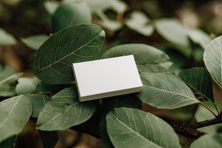 A white business card rests on a bed of green leaves, showcasing its blank surface. The composition features vibrant shades of green and a shallow depth of field. The close-up presentation is suitable for design mockups or showcasing branding concepts. Soft lighting enhances the natural textures, implying an outdoor environment.の素材