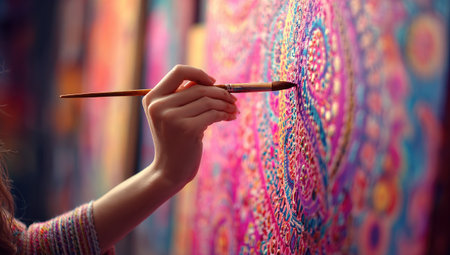 A hand holds a paintbrush, meticulously applying paint to a canvas with a complex, colorful design. The close-up shot highlights the textured surface and vibrant hues. The scene evokes a sense of artistic creation and manual skill. Potential applications include illustrations for design, art, and conceptual imagery.の素材