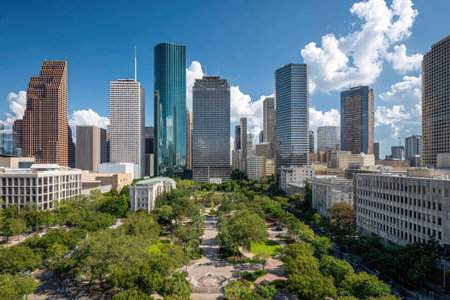 An urban landscape features a collection of towering skyscrapers against a backdrop of a bright blue sky and fluffy white clouds. The buildings exhibit a range of architectural styles, and are interspersed with a park with lush green trees. This image might be used for business, travel, or architectural themes.の素材