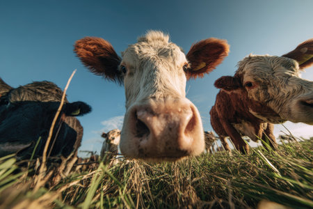 A close-up perspective highlights several cows in a green grassy field, illuminated by bright sunlight against a clear blue sky. The composition offers a low-angle view. This image may be suitable for use in various commercial projects needing imagery related to farming, agriculture, or nature.の素材