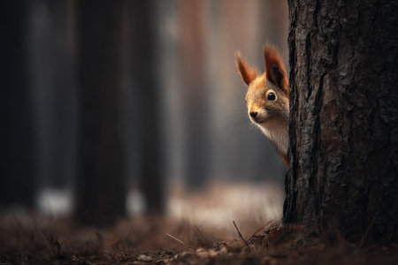 A squirrel peers from behind a tree trunk, its fur a blend of brown and red. The soft focus and low depth of field create a blurred forest backdrop. The image uses natural lighting, suggesting an outdoor setting. It can be used for educational content or illustrative purposes.の素材