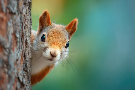 A squirrel with reddish-brown fur peers inquisitively from behind a tree trunk. The close-up reveals detailed textures and expressive eyes. A soft focus bokeh background suggests an outdoor setting, possibly during daylight. This image could be suitable for editorial features or commercial designs.の素材