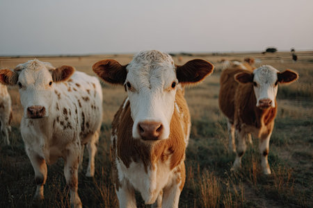 Several cows stand in a grassy field under a soft, overcast sky. The animals feature a mix of brown and white patterns. The lighting suggests a late afternoon or early morning setting. This image could be used for various purposes, including illustrating agricultural topics or farm life.の素材