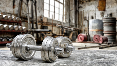 A pair of metallic dumbbells rest on a textured surface. The composition features a blurred background suggesting an aged interior, possibly a gym or storage space. The lighting appears natural, highlighting the weights' details. This image could be used for commercial fitness or health-related articles.の素材