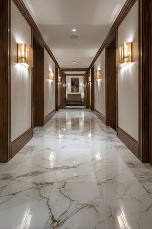 This image shows a long hallway with marble flooring and recessed lighting. The walls are a neutral color, complemented by wooden trim. The composition emphasizes symmetry with repeating patterns. The scene suggests a luxurious interior space suitable for commercial or editorial applications.の素材