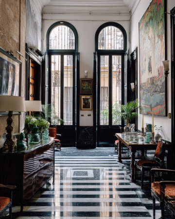 An interior hallway features a striking black and white tiled floor, leading towards arched windows. The space is illuminated by overhead lighting and natural light.  Artwork and furniture add to the aesthetic, suggesting a classic style. This image is suitable for various commercial and editorial projects.の素材
