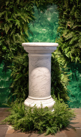 An ornate white pedestal stands amidst vibrant green ferns and foliage, framed against a textured green backdrop. The classical composition features soft lighting highlighting the pedestal's marble-like texture. This image could be used for concepts like display, presentations, or decoration.の素材