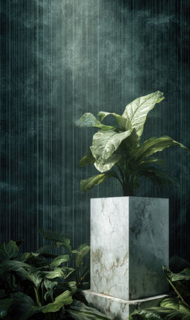 A vibrant plant with large leaves is displayed on a marble pedestal. The image showcases a moody aesthetic, with dark, textured backgrounds. The composition is dramatic with directional lighting creating shadows and highlights. Suitable for commercial or artistic applications, it offers a sense of serenity. The use of textures and muted tones provides visual interest.の素材