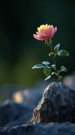 A vibrant rose, showcasing soft pink and yellow petals, grows atop a weathered stone. The image highlights the delicate floral details and textures. The composition features natural sunlight, creating a soft ambiance. Suitable for various commercial projects focusing on beauty and nature.の素材