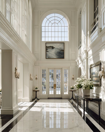 An expansive white hallway features a large arched window and polished marble flooring. Sunlight floods the space, illuminating architectural details. A painting and floral arrangements add aesthetic elements. This image could be used for design, real estate, or architectural concepts, as well as editorial applications.の素材