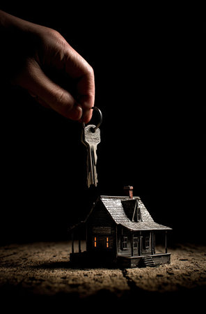 A hand holds a key above a miniature house, positioned on a wooden surface. The scene is set against a stark black backdrop. The composition emphasizes the key and house, illuminated with directed lighting. The image has potential for use in real estate, property, and investment concepts.の素材