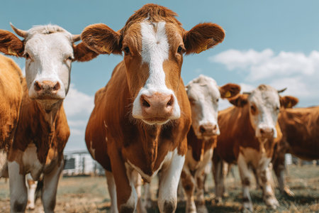 A close up shows several brown and white cows standing in a field. The composition highlights the animals' coloring and textures, set against a blurred natural background. The scene is illuminated by sunlight, creating a warm atmosphere suggesting outdoor farming or agricultural content suitable for various commercial uses.の素材