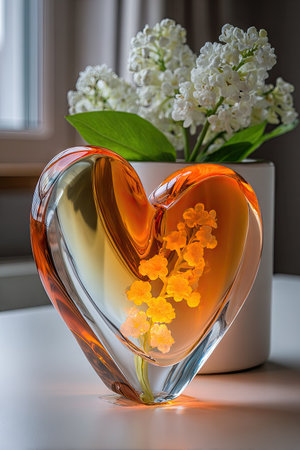 A heart-shaped glass sculpture is illuminated with orange and yellow hues, its form capturing light. Delicate yellow flowers are encased within the glass. The arrangement features white floral blooms in a cylindrical vase, set against a bright background. Ideal for editorial content, decorative design and artistic projects.の素材