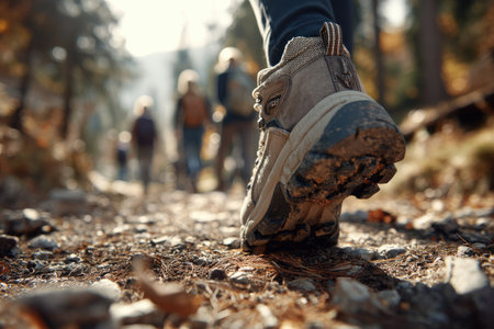 A close-up of a hiking boot on a forest trail. The boot is tan and weathered, placed on a path of earth and foliage. Other blurred figures are also hiking in the background, bathed in sunlight. This image could be used for outdoor recreation content or editorial articles.の素材