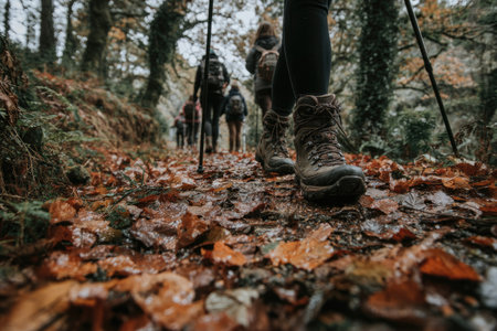 A group of people walks along a path covered with fallen leaves in a wooded area. The image showcases hiking boots and legs in motion, suggesting outdoor activity. Warm, earthy tones dominate the scene, with dappled sunlight filtering through trees. This image could be used for travel promotions or articles about nature.の素材