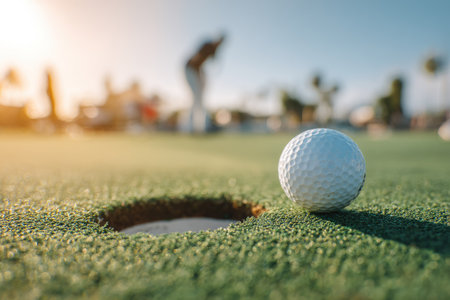 A golf ball rests on a green surface near a hole, illuminated by sunlight. The image features a shallow depth of field, with a blurry background including a person and other elements. The scene suggests an outdoor setting, likely a golf course, suitable for various commercial and editorial applications.の素材