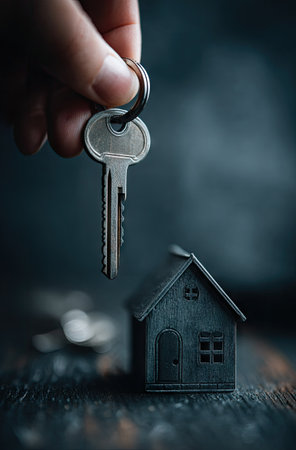 A hand holds a key above a small house model, set against a dark, textured background. The composition utilizes shallow depth of field, focusing attention on the key and miniature house. It conveys the concept of home ownership. Potential uses include real estate marketing, financial services, and related editorial content.の素材