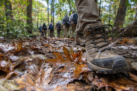 A group of people traverse a woodland path, focusing on the foreground boots and fallen leaves. The image captures a low-angle perspective in natural lighting. It suggests the concept of outdoor activities within a natural environment. This image may be used for editorial or promotional purposes.の素材