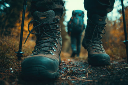 Close-up of hiking boots and trekking poles on a forest trail. A blurred figure with a backpack walks further along the path. The composition features natural light and a shallow depth of field. Useful for editorial or commercial projects related to travel and outdoor pursuits.の素材