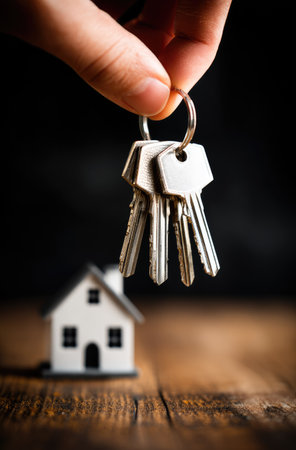 A hand holds a set of keys above a small house model, set against a dark backdrop. The composition features a close-up view with selective focus, emphasizing the keys and house. The scene is illuminated with warm lighting, creating shadows. This image can be utilized for commercial purposes related to real estate and property.の素材