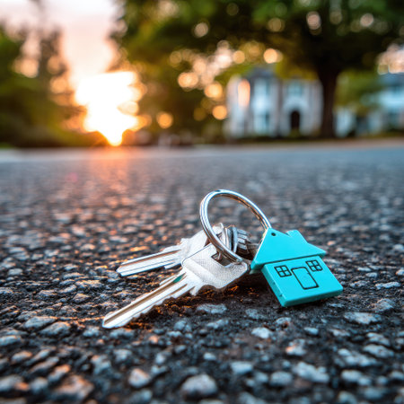 A set of keys with a house-shaped charm rests on a textured surface. The composition showcases metallic keys and a bright blue charm, with a blurred background of trees and a building. Warm sunlight creates a soft, inviting atmosphere. This image is suitable for use in real estate, homeownership, and financial themes.の素材
