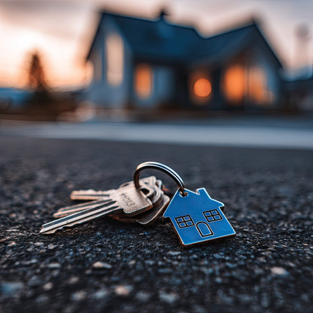 A set of keys with a blue house-shaped keychain rests on a dark asphalt surface. The background features a blurry house structure and warm interior lights, suggesting an outdoor evening scene. The image displays a close-up composition and could be used for real estate, home ownership, or property investment materials.の素材