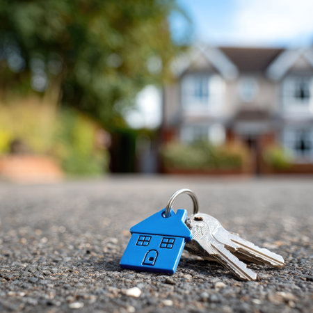 A house key bundle rests on asphalt in front of a blurred residential house. The keys feature a blue house-shaped tag. The image displays soft sunlight and a shallow depth of field. Suitable for illustrating real estate, property, or investment concepts. Can be used in commercial projects.の素材