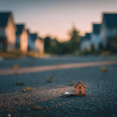 A small wooden house model and key rest on a textured asphalt surface. The image displays a shallow depth of field, blurring the background of houses. The warm lighting suggests an outdoor setting during the golden hour. This scene could be useful for concepts related to real estate, homeownership, and property investment.の素材