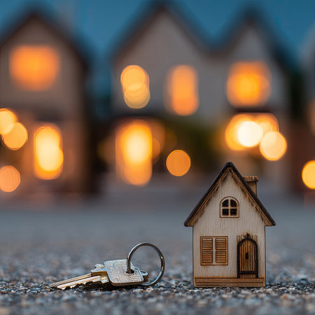 The image features a miniature house with keys resting on a textured surface. The background showcases blurred houses with soft, warm lighting. The composition uses shallow depth of field to emphasize the subject. This photograph could be used for promotional materials or visual concepts related to real estate and homeownership.の素材
