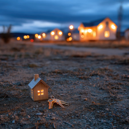 A miniature house and a set of keys are placed in the foreground, suggesting homeownership or property investment. The composition showcases a soft, diffused light and a shallow depth of field. The color palette consists of muted tones, with the houses illuminated against the dark sky. This image can be utilized for various commercial and editorial purposes.の素材