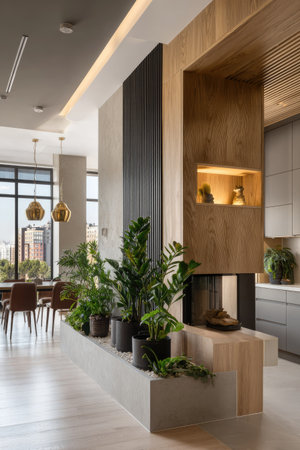 An indoor scene showcases a modern interior with architectural elements and natural light. The composition features a fireplace, a decorative wall, and potted plants. The color palette emphasizes neutral tones with wooden accents, suggesting a contemporary and stylish living space suitable for various commercial applications.の素材