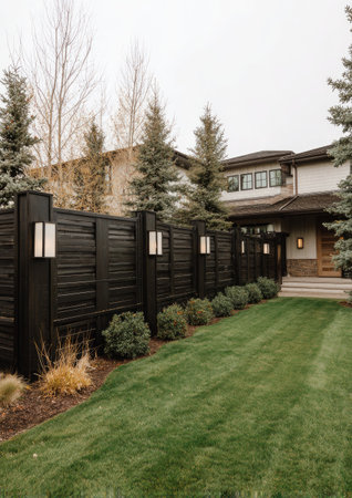 An exterior view showcases a contemporary residence with a dark fence and a green lawn. The scene includes evergreen trees, bushes, and lighting fixtures along the fence. The composition features natural light, suggesting a daytime setting. This image could be suitable for real estate, architectural, or landscaping-related marketing.の素材