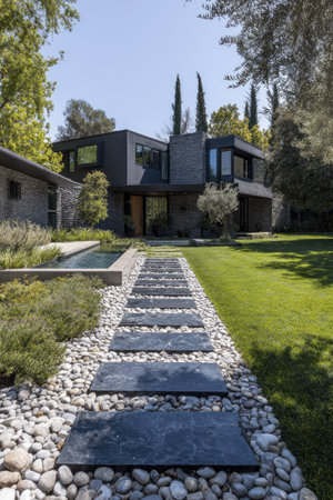 The image showcases a contemporary residence with a stone pathway leading to the front door. Lush green grass and surrounding trees create a natural setting under a bright blue sky. The architectural composition and natural light suggest potential uses for real estate, design, or lifestyle publications.の素材