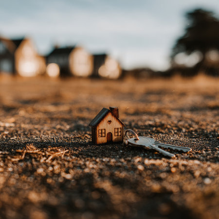 A small wooden house model and keys are positioned outdoors on a textured ground. The scene features a shallow depth of field, highlighting the miniature house with warm lighting. In the blurred background, there are buildings. This image can be used for real estate, property, or investment related projects.の素材