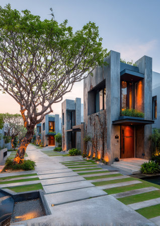 An architectural composition features modern concrete buildings with large windows and doors. The outdoor scene shows vibrant green lawns, pathways, and trees. This image showcases contemporary design principles with potential uses in property, design, or lifestyle publications.の素材