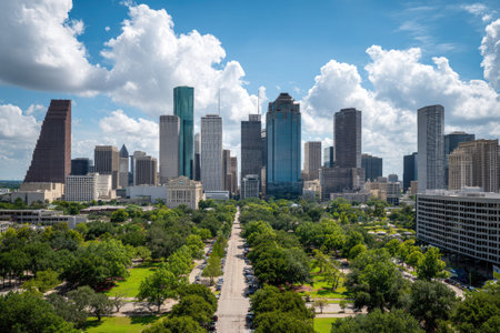 A vibrant cityscape showcases a collection of tall buildings against a backdrop of a bright blue sky dotted with white clouds. A park with trees and greenery extends into the foreground, suggesting a balance between nature and urban development. The scene is illuminated by natural light and could be used for commercial projects or editorial illustrations.の素材