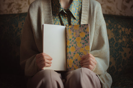 A person is shown holding an open book, its pages visible against a backdrop of a patterned surface. The composition focuses on the book and the hands. The image evokes a sense of calmness, with neutral tones and a soft lighting suggesting an indoor setting. Suitable for various commercial and editorial projects.の素材