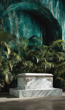 An image displays a marble structure surrounded by vibrant green foliage and a textured background. The scene likely represents an outdoor location with a focus on a centerpiece. The composition utilizes vertical orientation. Suitable for various commercial and illustrative applications.の素材