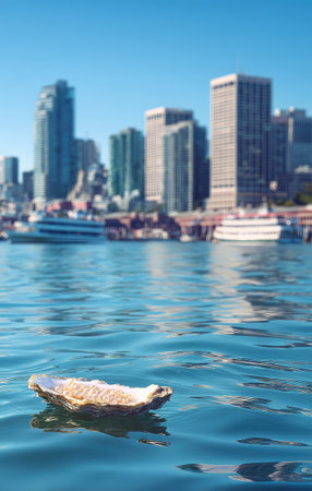 An oyster shell, illuminated by sunlight, floats on rippling water. The composition features a blurred city skyline in the background, suggesting an urban waterfront setting. The image uses a shallow depth of field. Suitable for commercial projects and illustrative content.の素材