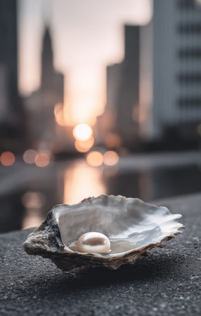 An open oyster shell holds a single pearl, centered in the frame with a blurred city skyline in the background. The image exhibits soft, diffused lighting, suggesting a daytime setting with subtle colors. This could be used in commercial contexts for articles on luxury, beauty, or natural resources, among others.の素材