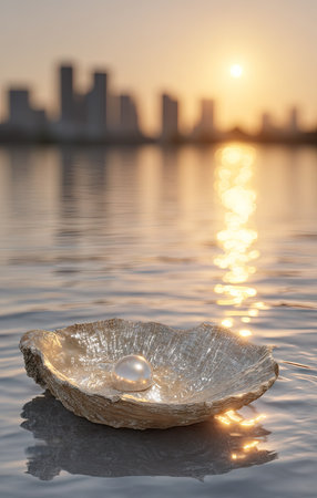 A seashell with a pearl rests on a wet surface, likely a beach, with water reflecting the setting sun. The image displays soft lighting, blurred skyline in the background, and subtle textures. Its serene composition suggests uses in advertising, editorial content, or design projects focused on luxury or nature.の素材