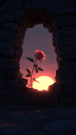 A vibrant rose blossoms within a stone window frame, silhouetted against a warm sunset. The composition highlights the flower's delicate petals and stem. The scene utilizes a dark, moody aesthetic with soft lighting, suggestive of a natural outdoor setting. This image could be suitable for various editorial and commercial applications.の素材