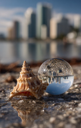 A seashell rests beside a crystal ball, both situated on a wet, textured surface. The ball reflects a blurred city skyline with blue sky and water. The image uses natural light, creating a contrast between the foreground and background. Suitable for various editorial and commercial projects.の素材