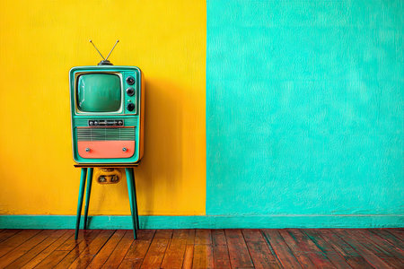 An antique television, teal in color, stands on a wooden floor against a two-toned background. One half of the wall is bright yellow and the other is teal. The scene is lit with soft lighting. This image is suitable for commercial use, providing a vintage aesthetic for various projects.の素材