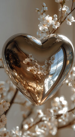 A close-up showcases a heart-shaped object with a reflective, metallic surface. Delicate white flowers surround the heart, creating a soft contrast. The lighting suggests an indoor setting, possibly during the day. This image could be used for romantic themes or decorative designs.の素材