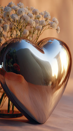 A reflective silver heart is featured with a cluster of tiny white blossoms in a clear vase. The composition includes a warm, neutral background, suggesting either indoor or outdoor illumination. This image is suitable for various projects, including decorative design and visual messaging.の素材