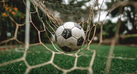 A soccer ball sits inside a net on a green field. The close-up shows the ball's patterns and textures. The composition utilizes shallow depth of field. Green grass and blurred foliage create the backdrop, with natural lighting. Suitable for editorial purposes and promotional material.の素材
