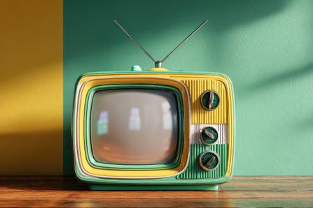 A vintage television set is the focal point, positioned against a two-toned wall. The television features a retro design with vibrant colors. The scene has overhead lighting creating gentle shadows. This composition could be used in various commercial projects, particularly those requiring an element of nostalgia.の素材